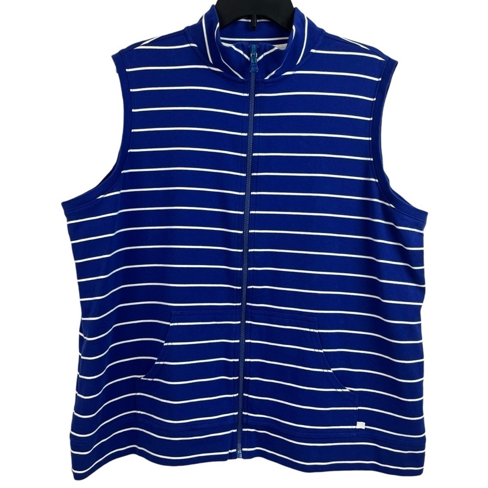 Liz Claiborne Womens Vest Stretch Blue White Stripe Pockets 2X